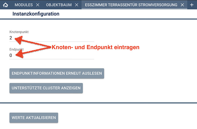 Knotenpunkt (die Knoten-ID des Geräts im Matter Konfigurator) und Endpunkt 0 eintragen. Danach liefert die Instanz Batteriestand, „Ersatz erforderlich“ und die Ersatz-Beschreibung.
