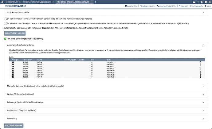 (Screenshot 4: Dashboard-Konfiguration, „13 Geräte gefunden", automatisch mit Rolle „pv" und Quelle „meterhub" gelistet)